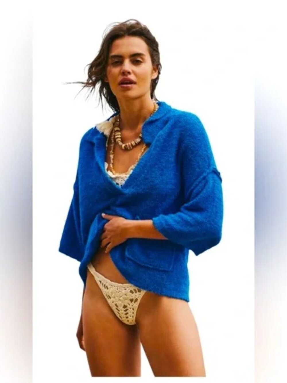 FP BEACH Audra Sweater Womens Small Blue Terry V Neck Pullover 3/4 Sleeve Pocket